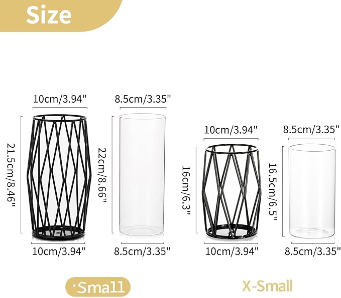 Nuptio Glass Candle Holder for Pillar Candles Black Pillar Candle Holders Geometric Metal Candle Stand Small Hurricane Candleholder Flower Vase for Office Dining Living Room Bar Cafe