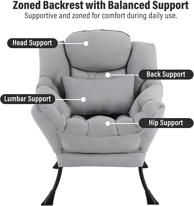 Lazy Chair with Ottoman, Modern Accent Chair with Lumbar Pillow, Comfy Chairs with Folding Footrest for Bedroom, Reading, Oversized Supportive Lounge Chairs(Grey)
