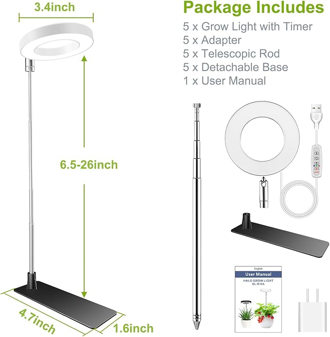 Grow Lights for Indoor Plants, 48 LEDs Full Spectrum Halo Plant Grow Light, Height Adjustable Growing Lamp with Detachable Base, 3/9/12Hrs Timer, 10 Brightness, 3 Color Modes, 5 Pack
