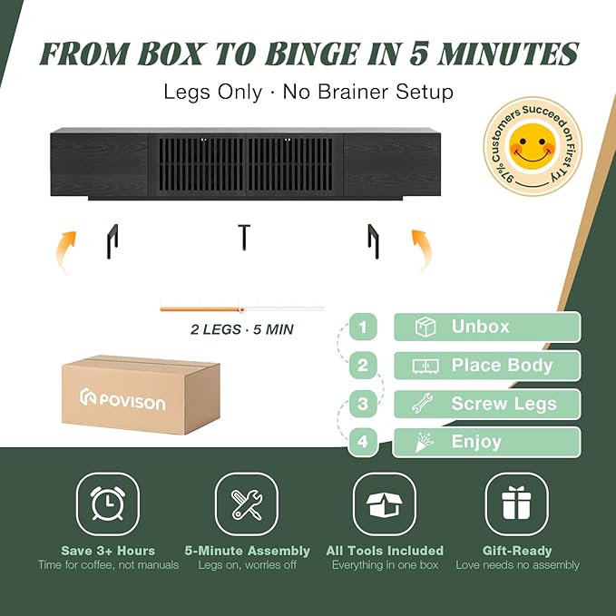 POVISON Full Assembled Mid-Century Modern TV Stand with Slatted Doors, Wood Media Console for 80 85+ Inch TV, TV Console with Tall-cast Metal Legs, Entertainment Center with Storage for Living Room