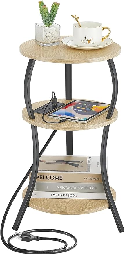 Small Round Side Table with Charging Station, 3-Tier Waist Circular End Table with Storage Shelf, Compact Tea Sofa Side Table Small Spaces, Round Corner Coffee Table for Living Room Bedroon,Oak