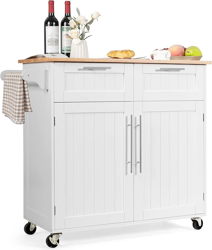 COSTWAY Kitchen Island on Wheels, Kitchen Cart with Side Towel Bar, 2 Drawers, 2 Door Cabinet, Rolling Storage Trolley Cart with Rubber Wood Top & Lockable Casters (White)