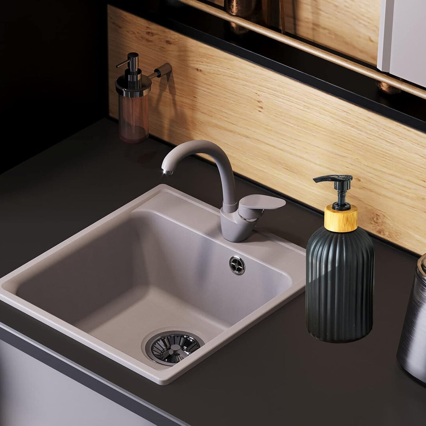 Black Glass Soap Dispenser Set with Bamboo Pump, 13.5oz Refillable Liquid Hand Soap Dispenser, Lotion Dish Soap Dispenser for Modern Home Decor, Bathroom, Kitchen Countertop, Hotel(2 Pack)