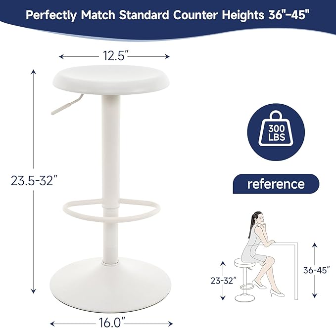 Brage Living Bar Stools, Adjustable Height Swivel Bar Stools, Metal Airlift Barstools, Backless Counter Height Bar Chairs for Kitchen Dining Room Pub Cafe 1Pc (White)