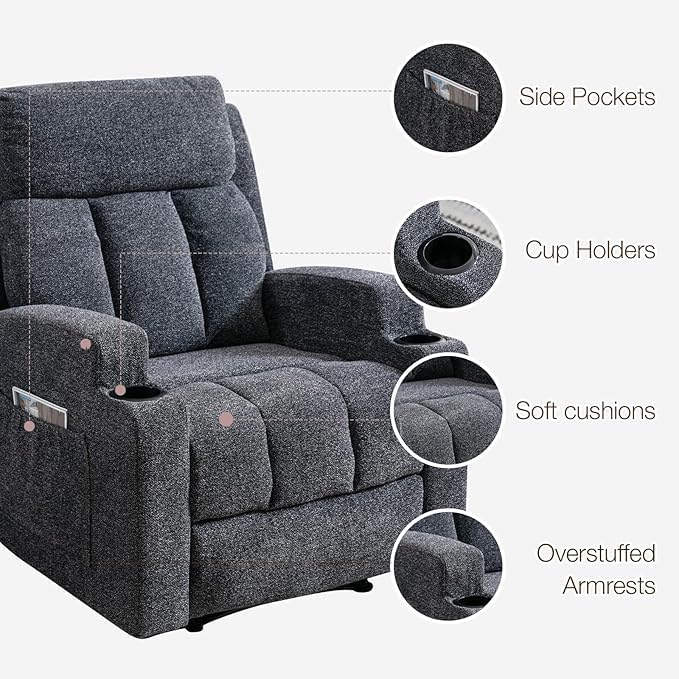 Phoenix Home Manual Recliner Chair with Massage and Heat Ergonomic Overstuffed Breathable Fabric Reclining Chair with 2 Side Pockets, 2 Cup Holders, Remote Control, Living Room, Bedroom, Dark Gray