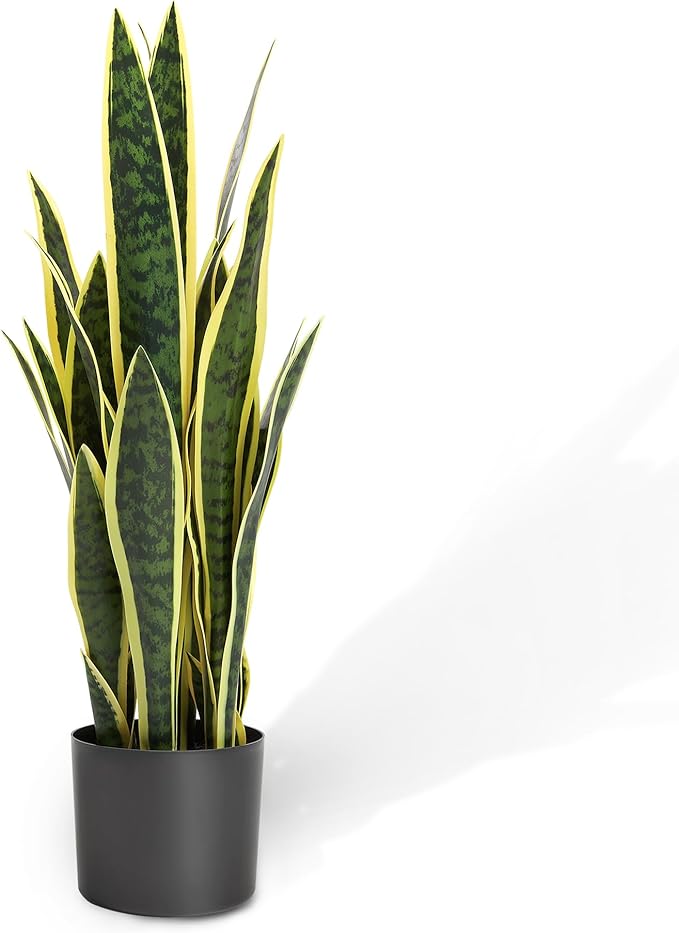 KOL 2ft Artificial Snake Plant, 32 Lifelike Faux PVC Leaves, Indoor Home Garden Decor, Fake Sansevieria Potted Plants, Mother-in-Law Tongue, 25.6in Floor Greenery in Black Pot