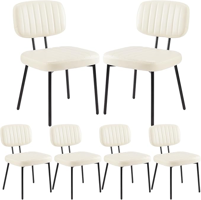 DUMOS Dining Chairs Set of 6, Upholstered Mid-Century PU Leather Accent Chair with Backrest and Metal Legs for Kitchen, Living Room, White
