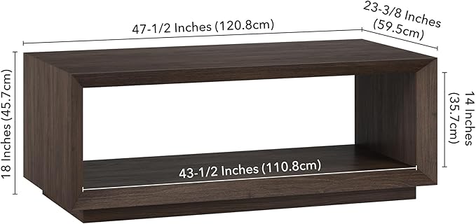 Henn&Hart 48" Rectangular Coffee Table with Open Storage Shelf for Living Room, Family Room, or Office, Alder Brown