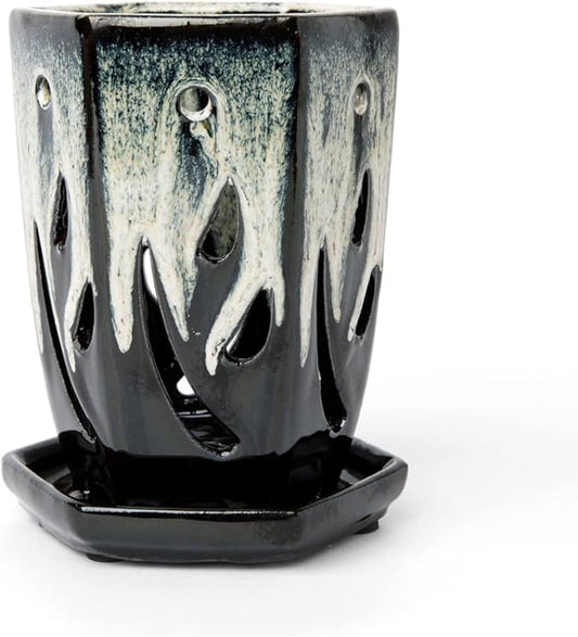 rePotme 4 x 6 inch Ceramic Orchid Pot (Honey Cream Over Coffee) - Hexagon Orchid Pot with Holes