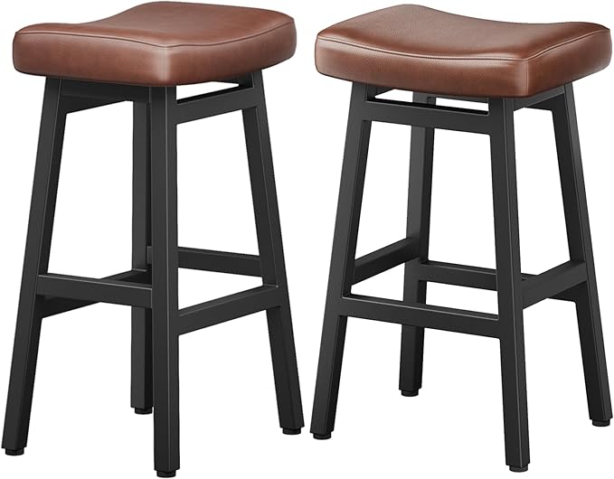 29 Inches Bar Stools Set of 2, Bar Height Barstools for Home Counter, Blackless Barstool with Bonded Leather Saddle Seats & Heavy Duty Metal Legs, Easy Assembly, Brown/Black