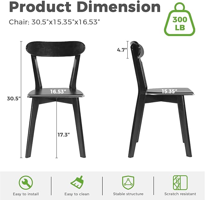 DELAVIN Soild Wood Dining Chairs Set of 2, Oak Wood Kitchen Chairs, Mid Century Modern Dining Room Chairs, Black