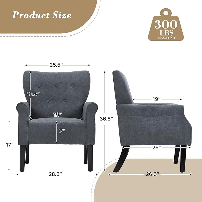 Athena Collection Mid Century Modern Chair for Living Room, Upholstered Wingback Reading Chair for Adults, Comfy Linen Fabric Armchair with Wooden Legs for Bedroom, Dorm, Balcony, Grey
