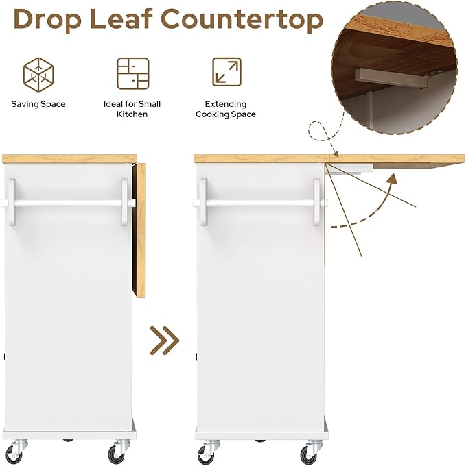 Rolling Kitchen Island with Storage Cabinet, 41.3'' Width Kitchen Cart with Desktop Drop Leaf Countertop, Portable Mobile Kitchen Island with Towel Rack, Spice Rack Shelf and Lockable Wheels, White