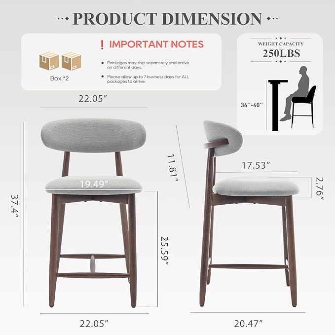 Upholstered Counter Height Bar Stools Set of 4, Kitchen Island Stools with Back, Modern Counter Stools Island Bar Chairs with Wood Legs for Kitchen Island Dining Room Bar, Light Grey