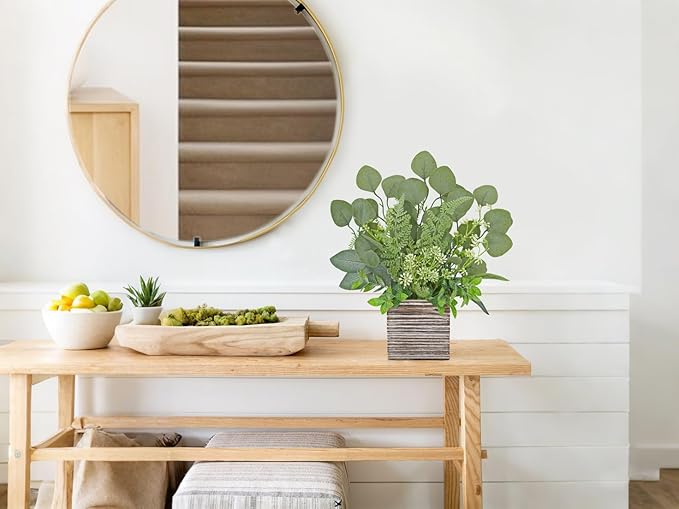 Hollyone Artificial Eucalyptus Plant in Rustic Wood Planter 14" Faux Eucalyptus Fern Greenery Arrangement Potted Plant Centerpiece for Farmhouse Home Indoor Wedding Table Mantel Shelf Kitchen Decor