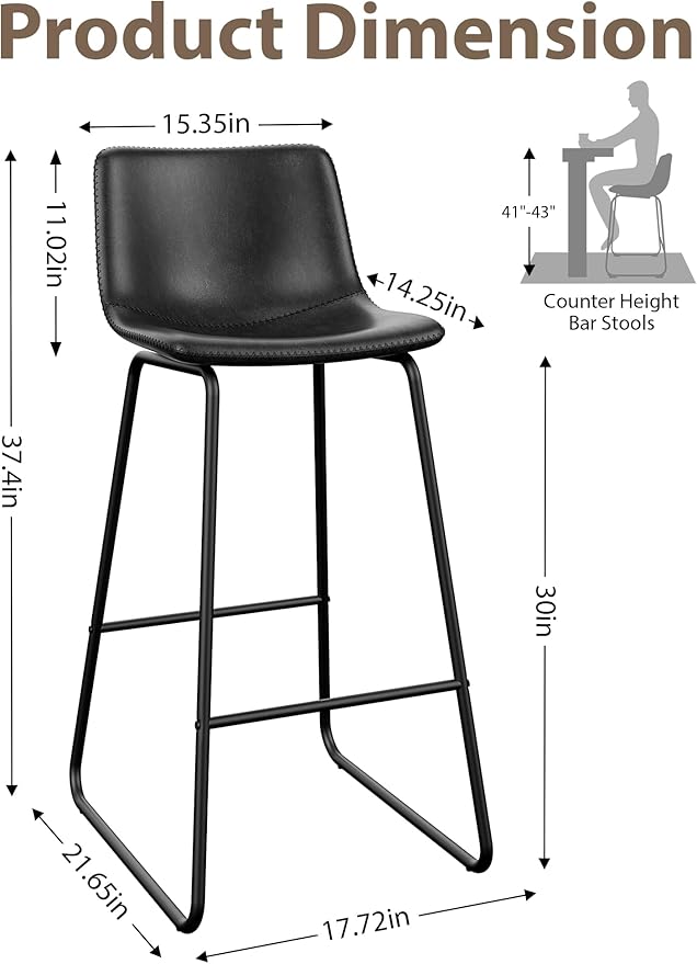 Bar Stools Set of 4, 30 Inches Counter Height Bar Stools with Back, Modern Faux Leather Barstools with Metal Legs and Footrest, Bar Chairs for Kitchens Island (Black)