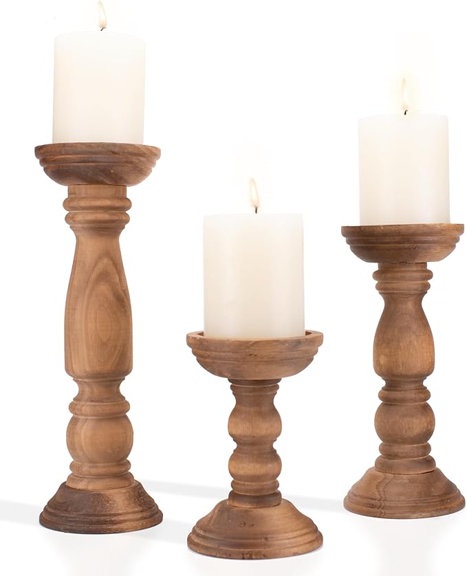 Farmhouse Wooden Candle Holders for Pillar Candles Set of 3, Rustic Wood Candle Holder Table Centerpiece Decor, 12'' 9'' 6'' Vintage Tall Candle Stand Decorative, Brown