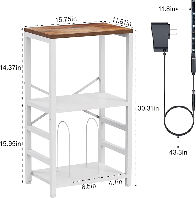 End Table with LED Light,Record Player Stand with Albums Storage,Vinyl Records Storage,Turntable Stand Side Table for Music Room Studio Living Room Bedroom-White