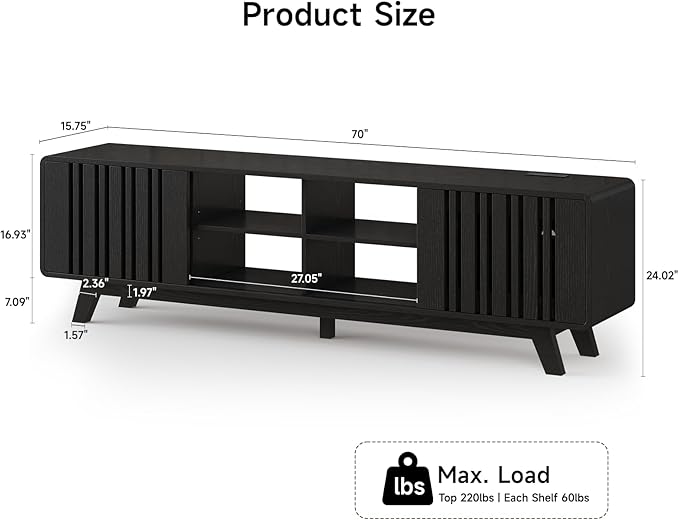 ONBRILL 70-Inch TV Stand for TVs up to 80 Inch, Mid-Century Modern Television Stand with Power Outlet， Entertainment Center with Sliding Grille Door Cabinets and Open Shelves for Living Room, Black