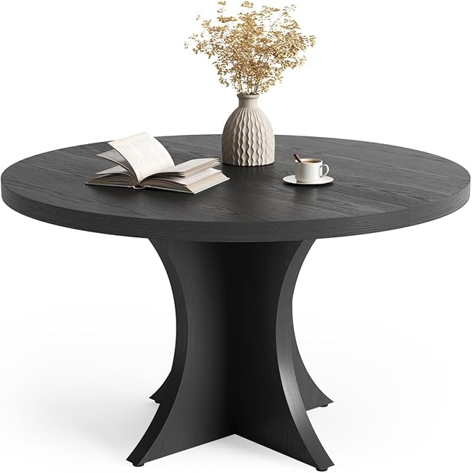 LITTLE TREE Round Dining Table for 4-6, 47.24 Inches Farmhouse Wooden Kitchen Table with Spacious Tabletop for Dining Room, Black