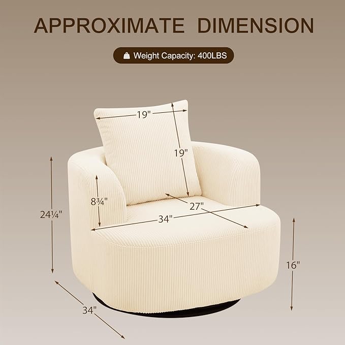 Furnimart 360° Swivel Barrel Accent Chair, Round Upholstered Comfy Lounge Chair, 34“ Corduroy High-Resilienc Foam Single Sofa, No Assembly Wide Seat for Living Room, Bedroom, Apartment (Beige)