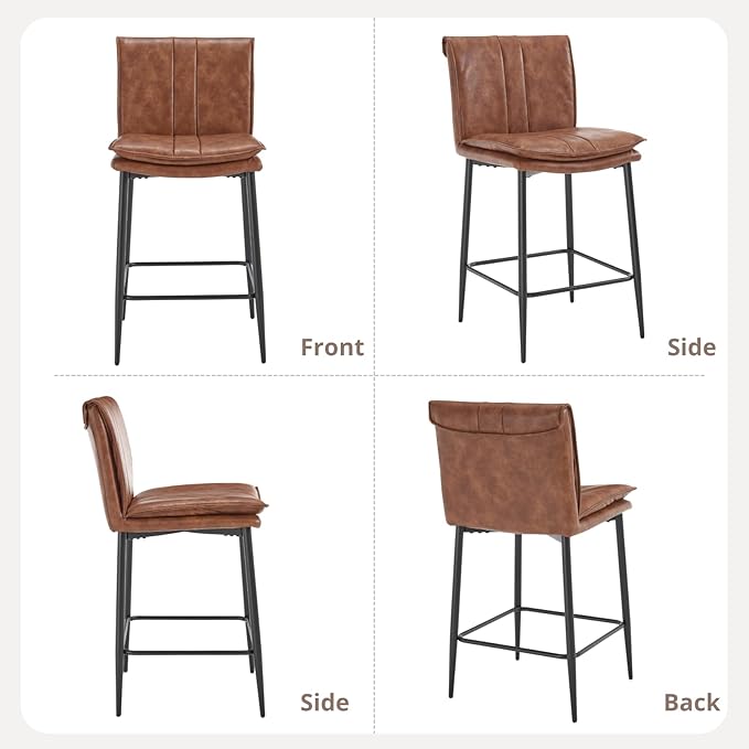 CIMOTA Leather Counter Height Bar Stools Set of 2, Modern 26 Inch Upholstered Barstools with Back and Metal Legs, Comfortable Kitchen Island Chairs, PU Brown
