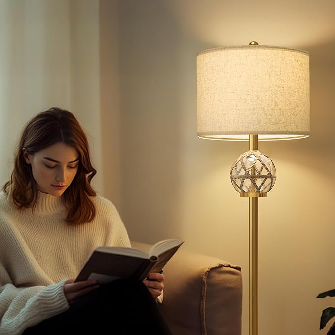 Oneach 61.5” Modern Floor Lamp for Living Room, Gold Boho Standing Lamp with Rattan Glass Design, Rotary Switch, Farmhouse Tall Lamps for Bedroom Office Dining Room (Without Bulb)