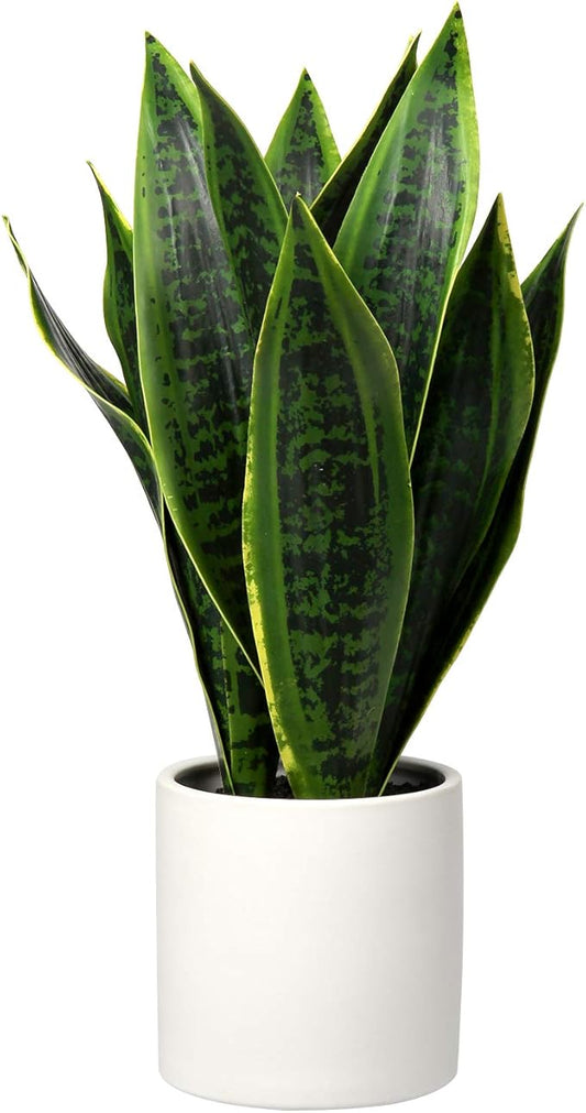 Briful Fake Snake Plant 16" Faux Potted Plant Artificial Snake Plant with White Ceramic Pot Sansevieria Plant Perfect for House Modern Living Room Office Housewarming Gift Indoor Decor