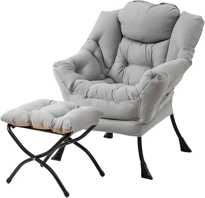 Welnow Lazy Chair with Ottoman, Modern Lounge Accent Chair with Armrests and a Side Pocket, Leisure Sofa Armchair Set, Reading Armchair with Footrest for Small Space, Light Grey