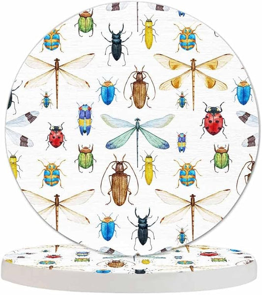 Insect Collection Coasters for Drinks Office Coffee Table Dragonfly Ladybug Wings Cartoon Wild Life Nature Colorful Animal Living Room Decor Set of 2 for Cold Drinks Wine Mugs and Cups 4 Inch