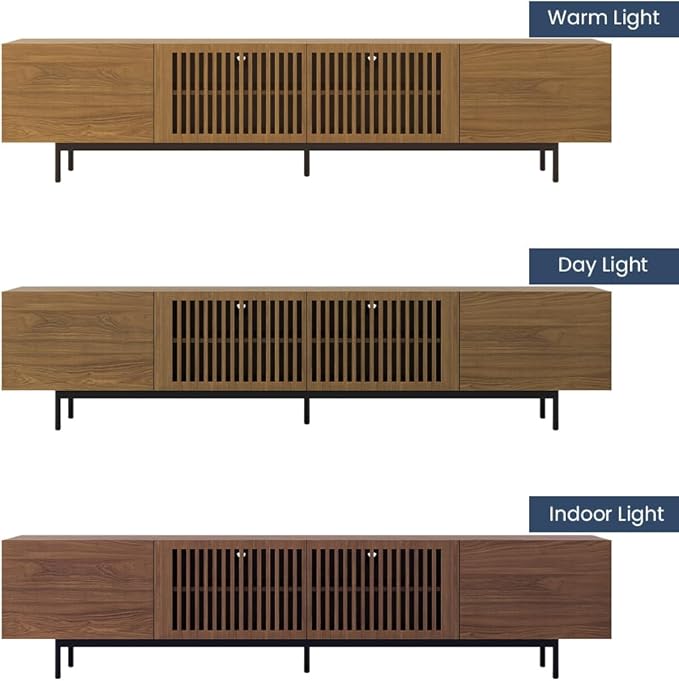 POVISON Full Assembled Mid-Century Modern TV Stand with Slatted Doors, Wood Media Console for 80 85+ Inch TV, TV Console with Tall-cast Metal Legs, Entertainment Center with Storage for Living Room