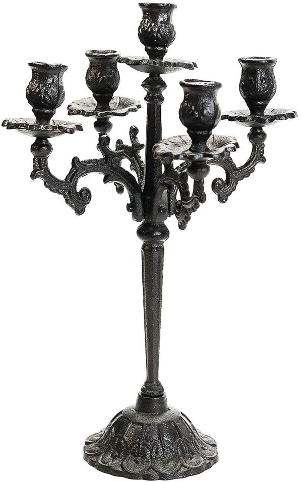 Sungmor Heavy Duty Cast Iron Candlestick Holders - Handcrafted Vintage Candelabra - 17Inch Tall & 5 Arms Candle Holders - Decorative Pillar Candle Stand for Christmas Birthday Wedding Home Party
