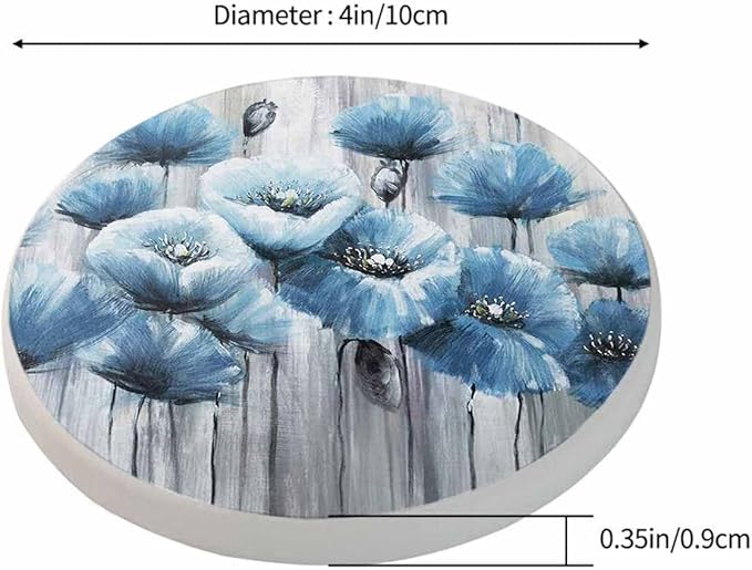 Blue Art Poppy Flowers Anti Slip Coasters Watercolor Oil Painting Beautiful Floral Cups Place Mats for Table Home Decor 4 Inches Living Room Kitchen Coffee Table,2 Pcs