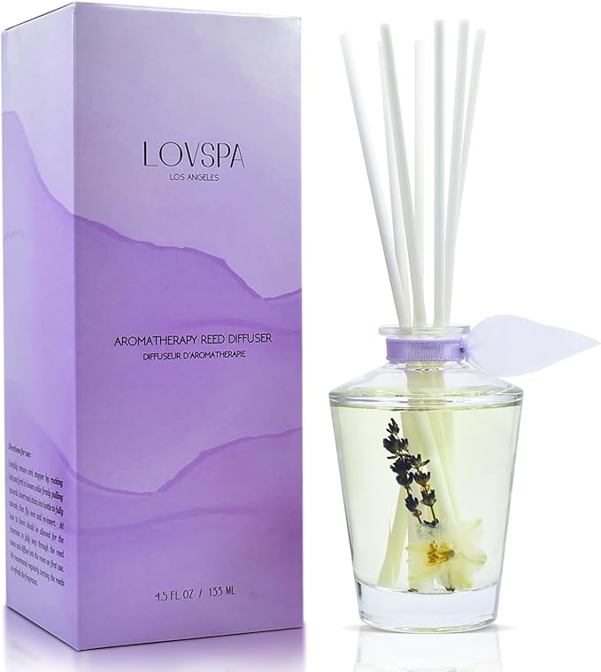 LOVSPA Reed Diffuser Set, Sleep Lavender Vanilla Scented Oil Diffuser with Sticks, Home Fragrance Accessories for Bathroom Shelf Decor, Aroma Diffusers for Home or Office Desk, USA Made