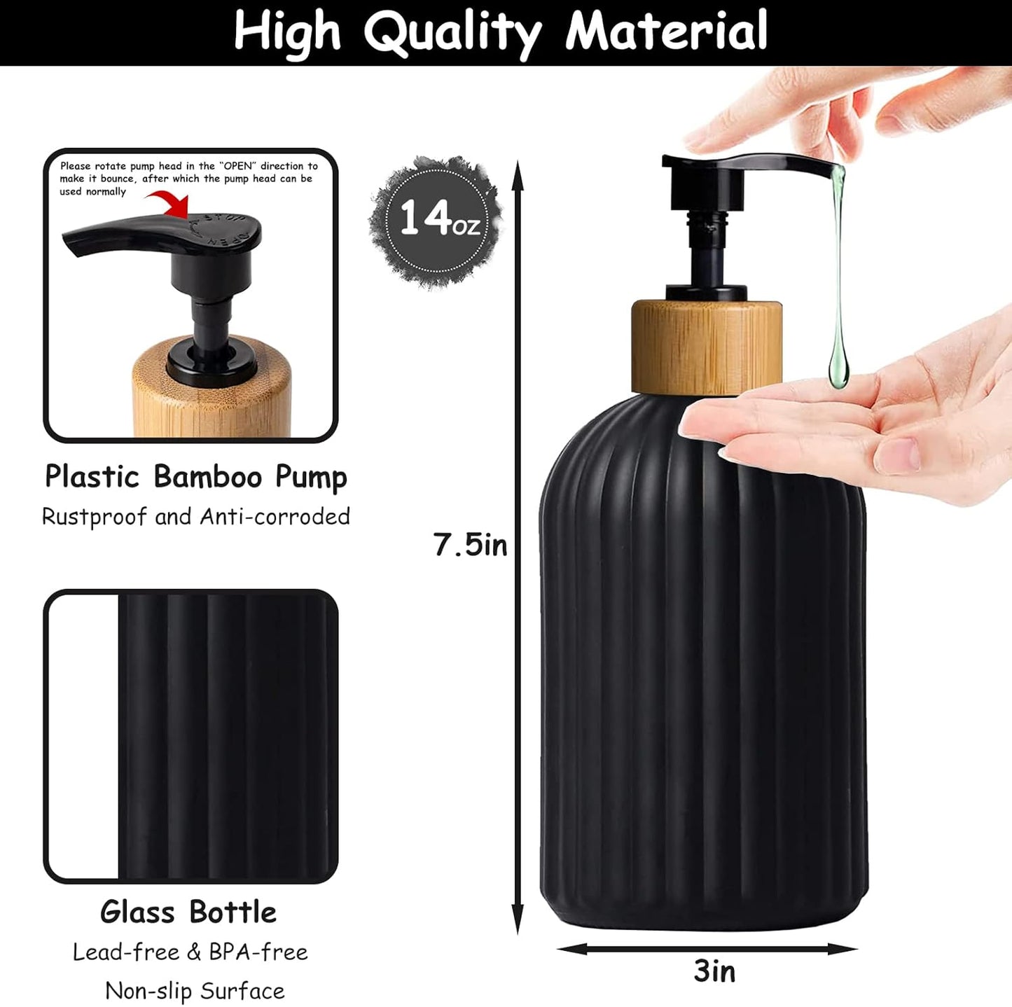 Black Glass Soap Dispenser Set with Bamboo Pump, 13.5oz Refillable Liquid Hand Soap Dispenser, Lotion Dish Soap Dispenser for Modern Home Decor, Bathroom, Kitchen Countertop, Hotel(2 Pack)