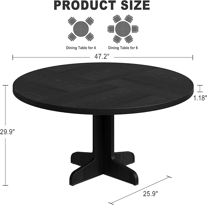 IDEALHOUSE Round Dining Table for 4, 47 Inches Dining Room Table with Wooden Base, Circle Kitchen Dinner Table for Dining Room, Kitchen, Living Room (Table Only), Black