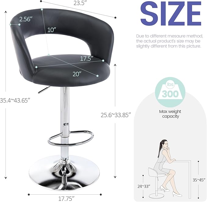 Brage Living Wide Bar Stool, Modern PU Leather Swivel Adjustable Barstool with Hollow Back and Arms, Upholstered Airlift Counter Height Bar Chair for Kitchen Dining (Slate Grey)