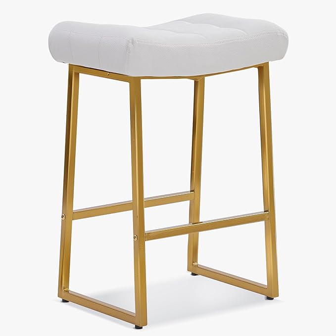 White & Gold Counter Height Bar Stool for Kitchen Counter Modern Backless Barstool with Upholstered Faux Leather Seat and Metal Frame Industrial 24 inch Bar Chair