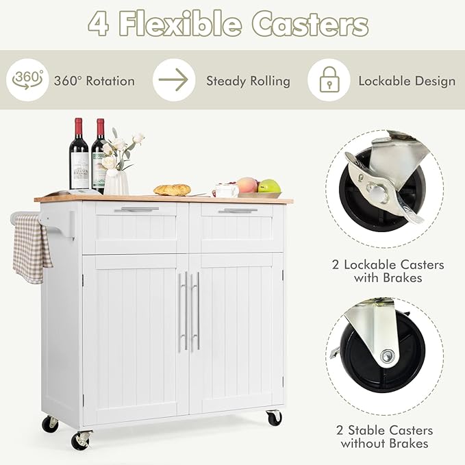COSTWAY Kitchen Island on Wheels, Kitchen Cart with Side Towel Bar, 2 Drawers, 2 Door Cabinet, Rolling Storage Trolley Cart with Rubber Wood Top & Lockable Casters (White)