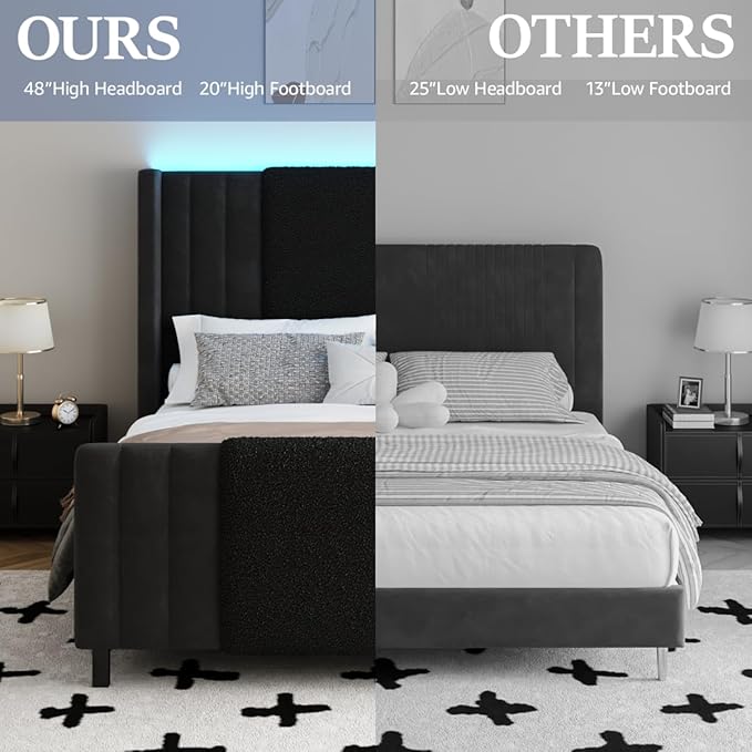King Size Bed Frame with Tall Headboard and Footboard, Boucle and Velvet Upholstered Bed Frame King with LED Lights, Modern Platform Bed Frames, Noiseless, Easy Assembly, Black