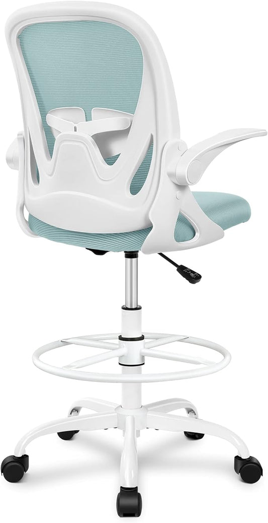 Primy Drafting Chair Tall Office Chair with Flip-up Armrests Executive Ergonomic Computer Standing Desk Chair with Lumbar Support and Adjustable Footrest Ring（Light Blue）