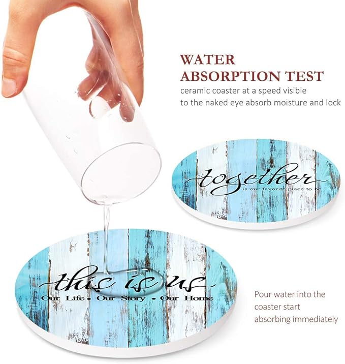 Britimes Coaster for Drinks Set of 6, Old Vintage Blue White Wooden Table Absorbent Round Ceramic Stone Mat, with Cork Base and Metal Holder, Gift for Housewarming Room Bar Decor