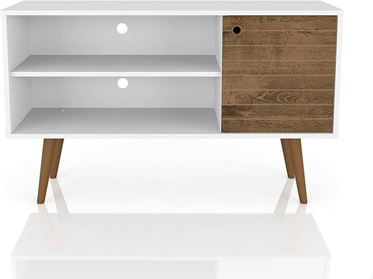 Manhattan Comfort Liberty Mid Century Modern TV Stand for Televisions up to 46 Inches, Bedroom and Living Room Entertainment Center with Storage, Shelves, and Cabinet, 43" Wide, White/Rustic Brown