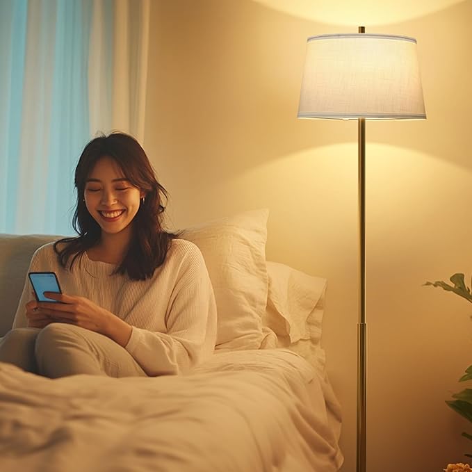 Oneach 61" Floor Lamp for Living Room, Gold Modern Standing Lamp with White Linen Shade, Brass Tall Pole Light with Rotary Switch for Bedroom, Office, Reading Room