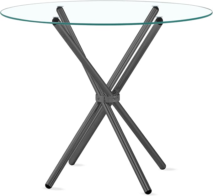 Fab Glass and Mirror 42" Flat Round Hydra Dining Table with Clear 1/2" Thick Glass Top and Black Finish Base, Elegant Round Glass, Modern Glass for Home, Dining Room