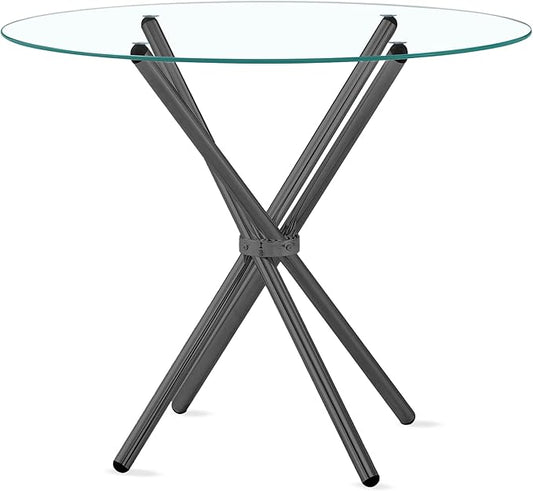 Fab Glass and Mirror 42" Flat Round Hydra Dining Table with Clear 1/2" Thick Glass Top and Black Finish Base, Elegant Round Glass, Modern Glass for Home, Dining Room