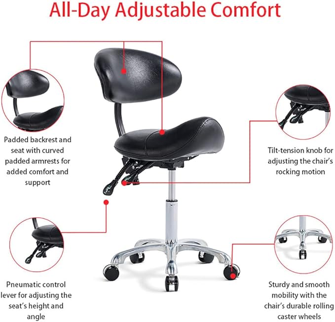 Saddle Stool Chair with Back Rolling Esthetician Seat for Salon Tattoo Shop Spa Facial lash Home Dentist Clinic Esthetician Chair(with Back Support, Black)