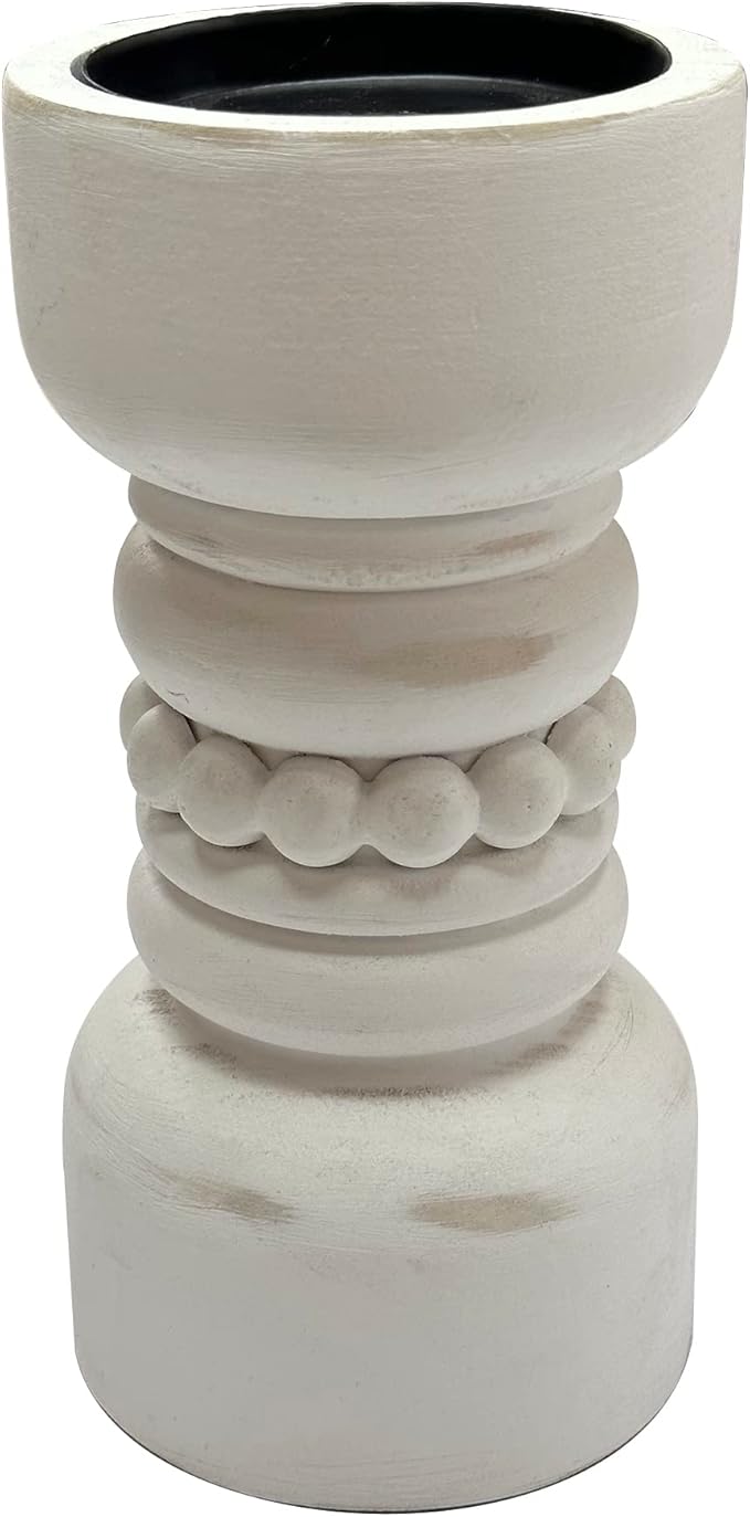 Farmhouse Rustic Wood Pillar Candle Holder, Decorative Beaded Candlestick Holder Stand for Home Decor, Gifts, Wedding (White)