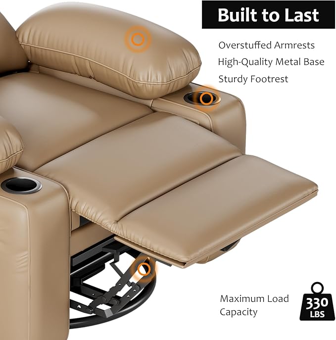 27" Oversized Power Recliner Chair, Faux Leather Rocking Chair with Heat & Massage, 360° Swivel Modern Electric Recliner with Cup Holder ＆ USB Charging for Living Room, Bedroom, Nursery - Khaki