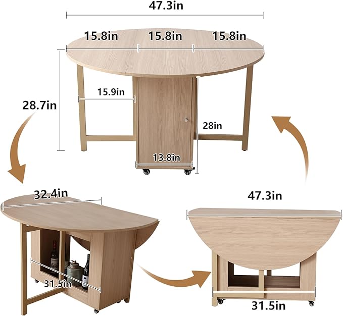 47.3" Round Folding Dining Table for 4-8, Wood Kitchen Foldable Dining Table Large Drop Leaf Dinner Table with Storage Shelf Metal Legs for Home Dining Room Living Room in Wood Color